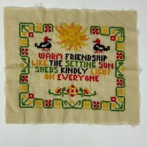Vtg 70s Friendship Sun Cross Stitch boho decor kitschy rustic hippie love friend